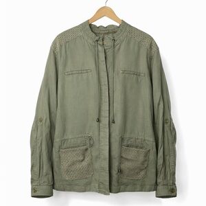 Olive 100% Linen Utility Jacket Safari Military Style Lightweight Layer